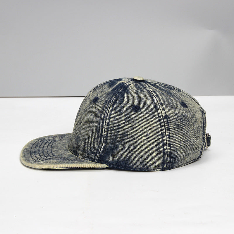 Denim Baseball Cap Washed And Distressed Hip-hop Style Soft-crown Six-panel Flat-brim Hat