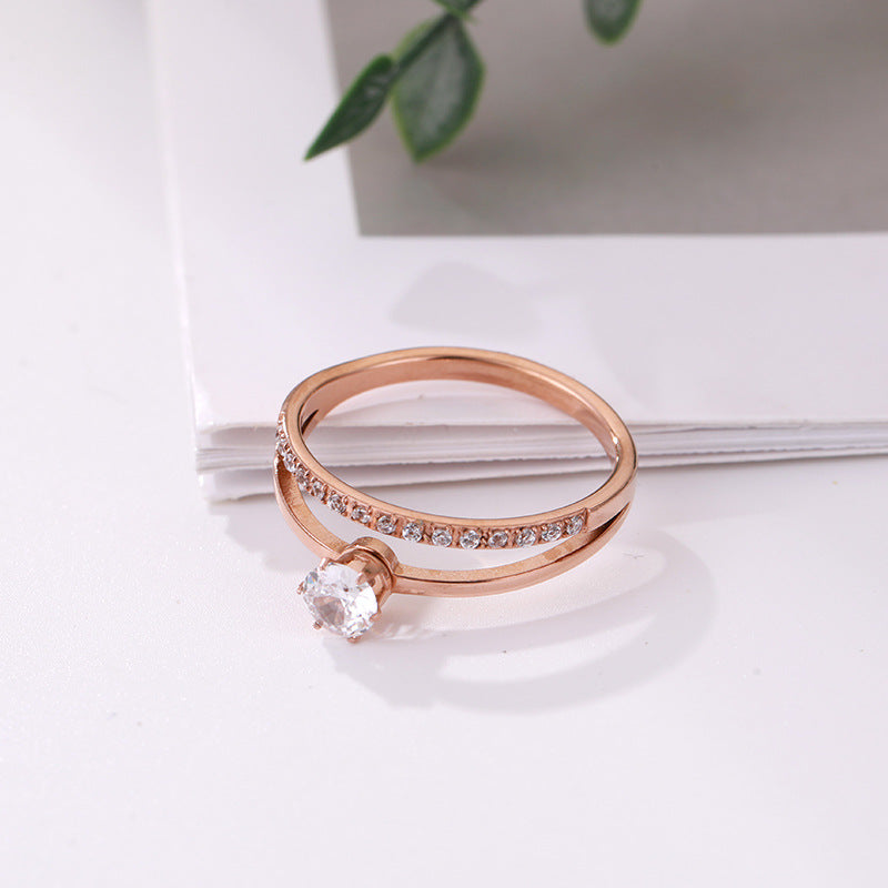 Korean-style Geometric Design Elegant Double-layer Zircon Ring