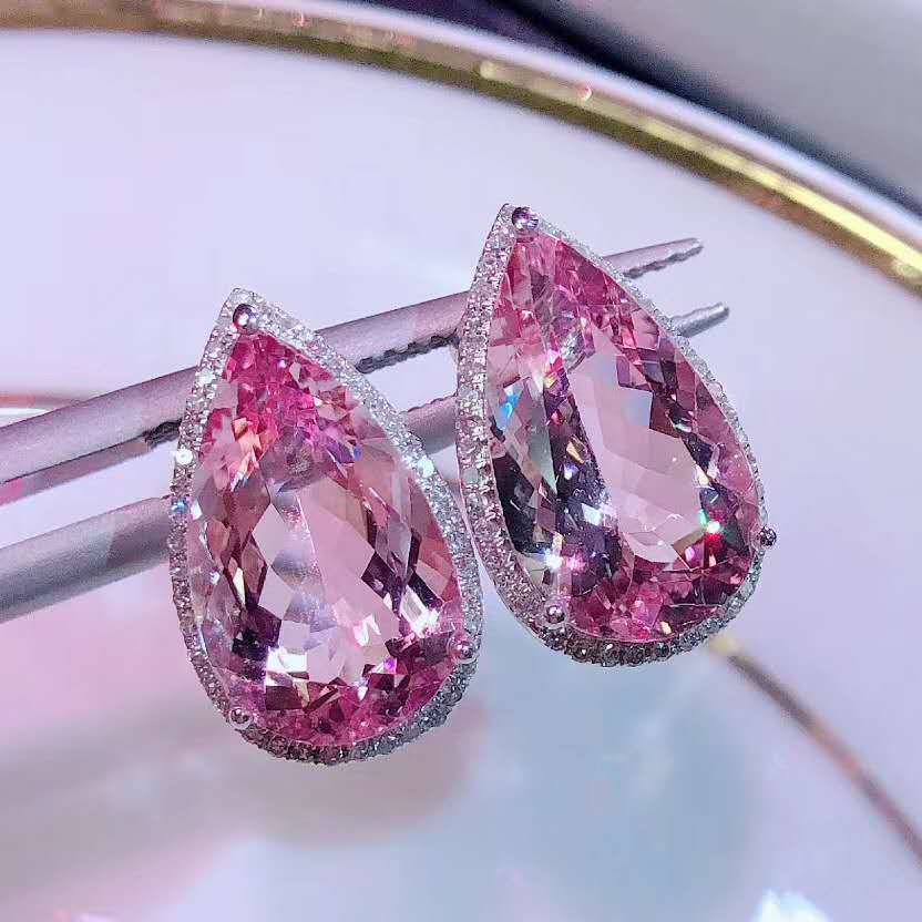 Internet Celebrant Explosive Luxury Crown Drop Shape Simulation Pink Tourmaline Color Treasure Opening Ring Pendant Earrings Suit