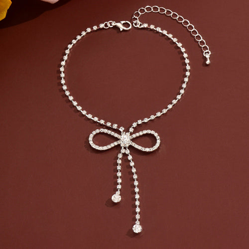 2026 New Style Sweet And Simple Rhinestone Bow Tassel Anklet Summer Seaside Beach Vacation Style Foot Jewelry Wholesale