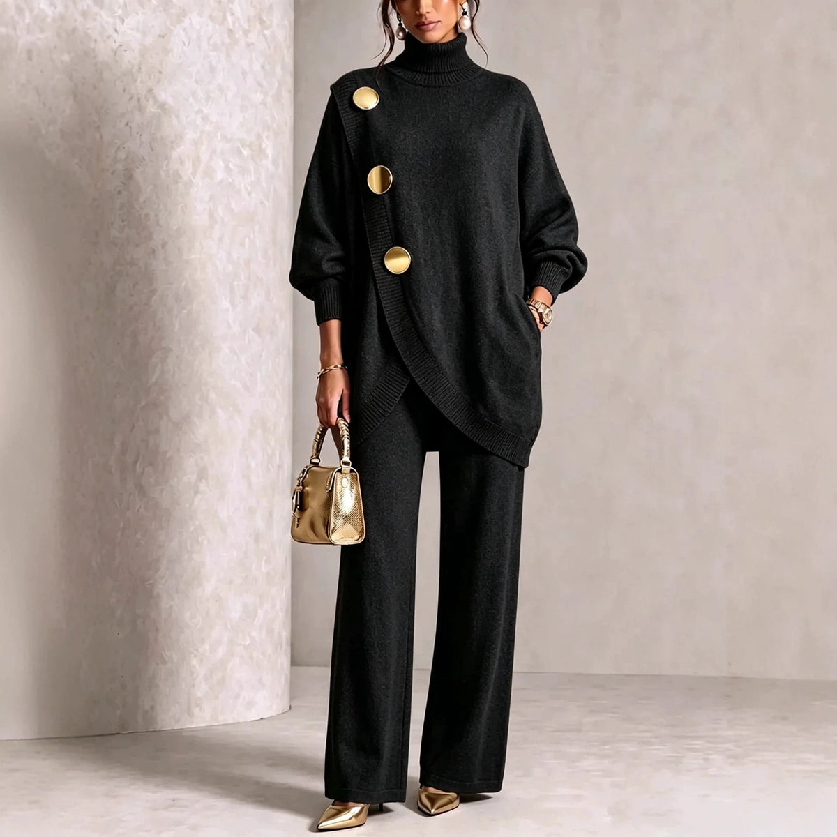 Women's Asymmetric High-Neck Sweater & Wide-Leg Pants Set
