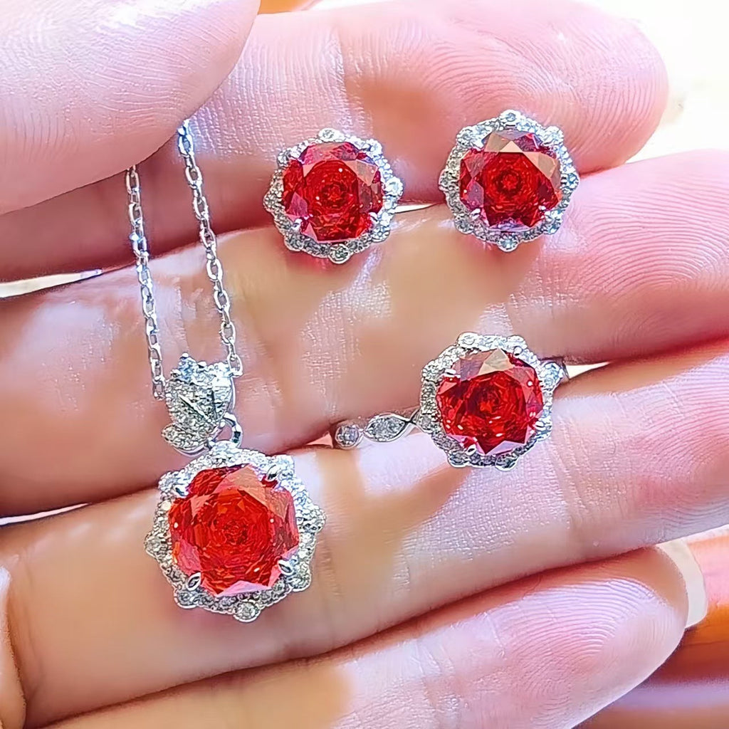 Violet Millennium Rose Cut Pendant Necklace, Gemstone Three-Piece Set, Rose Flower Ring, High Carbon Diamond Flower Earrings For Women