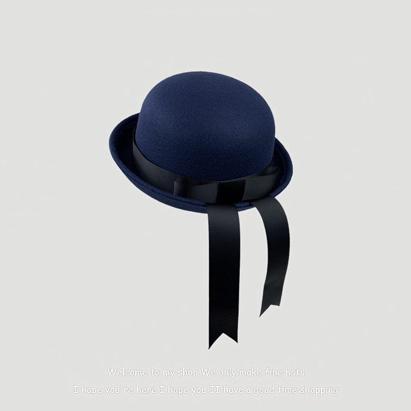 Woolen Preppy-style Hat With A Bow And Ribbon
