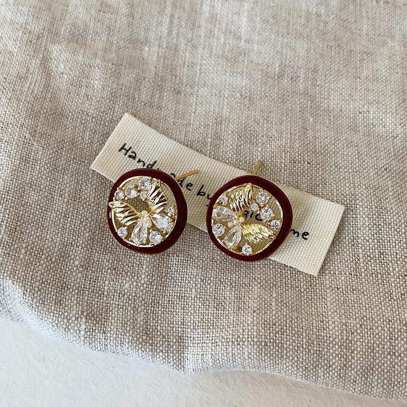 Retro French Oil-Dropping Butterfly Zircon Earrings For Women, Accessible Luxury, High-End, Stylish, Fashionable And Versatile Earrings