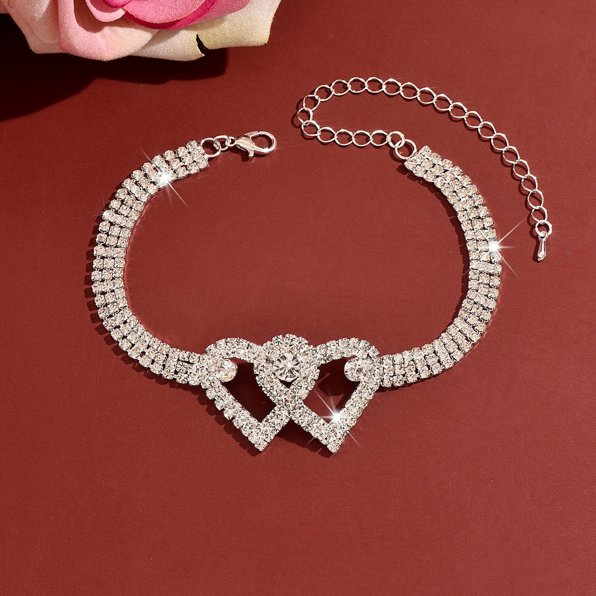 Women Intertwined Double Heart CZ Tennis Anklet, Gold Plated Summer Beach Foot Jewelry
