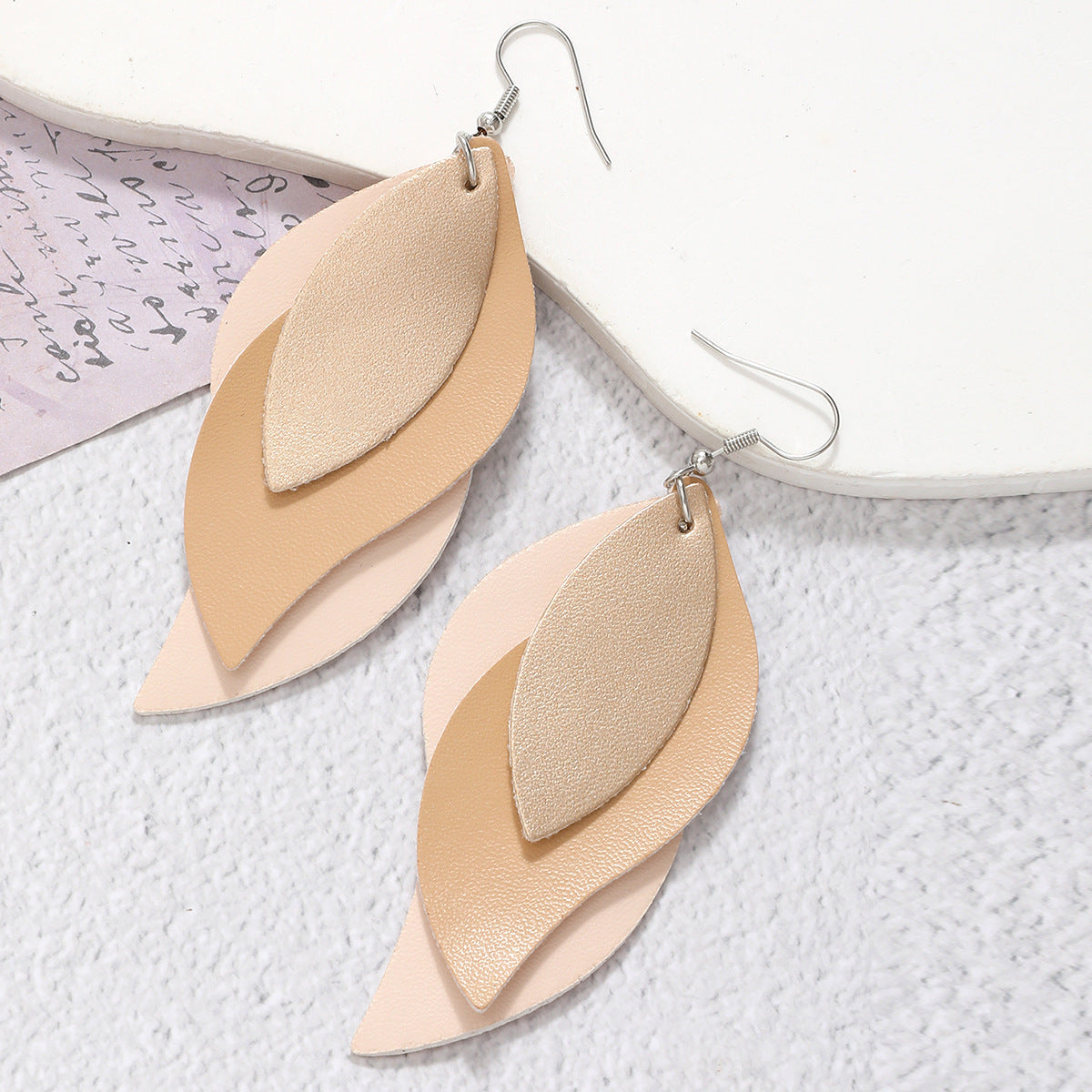 Three-layer Leaf Shape Leather PU Earrings