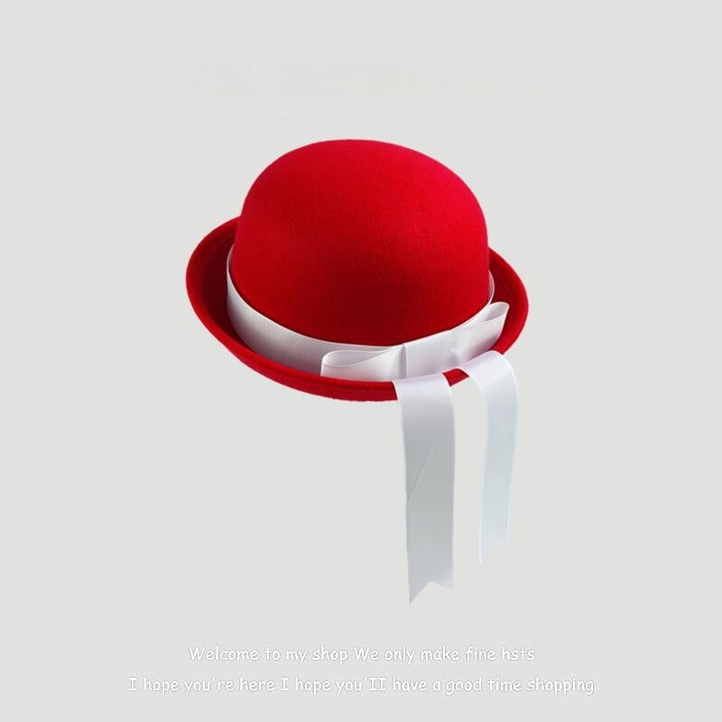 Woolen Preppy-style Hat With A Bow And Ribbon