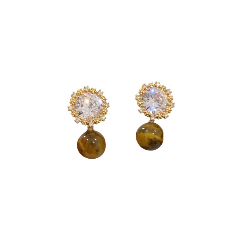 Melard Vintage Sunflower Diamond-studded Earrings, Tiger's Eye Stone And Pearl, Light Luxury, High-end, Versatile, Everyday Women's Earrings