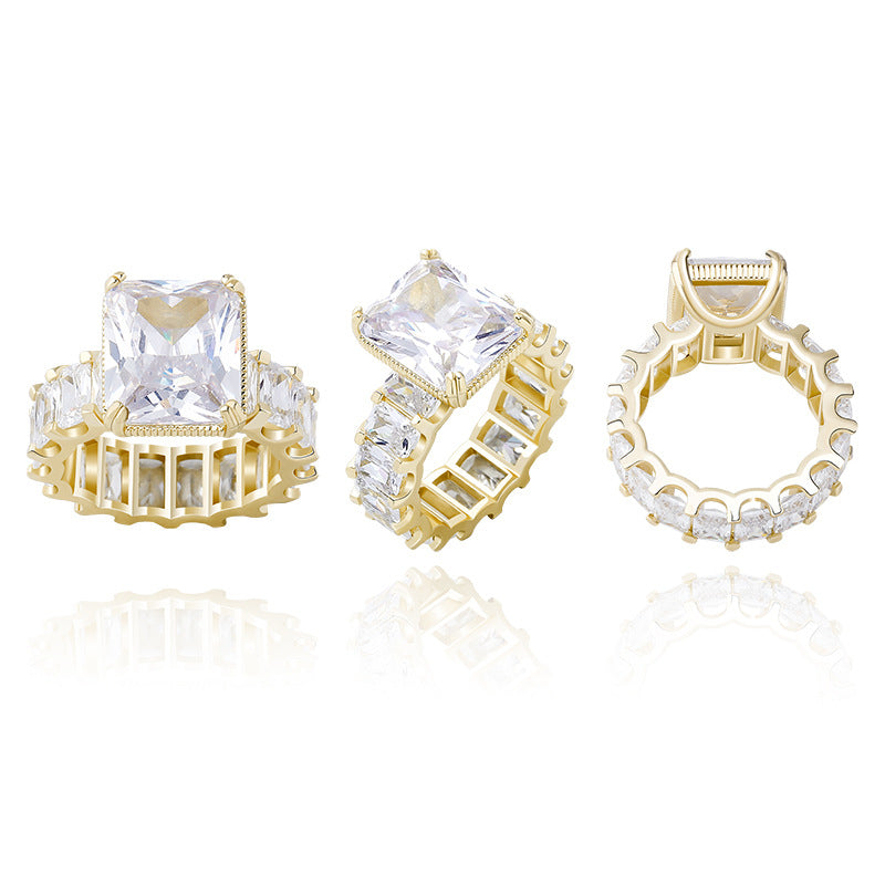 Amazon Cross-Border Women's Square Diamond Ring, Real Gold Electroplated, Full Zircon, Simple Ring, Light Luxury Fashion Ring