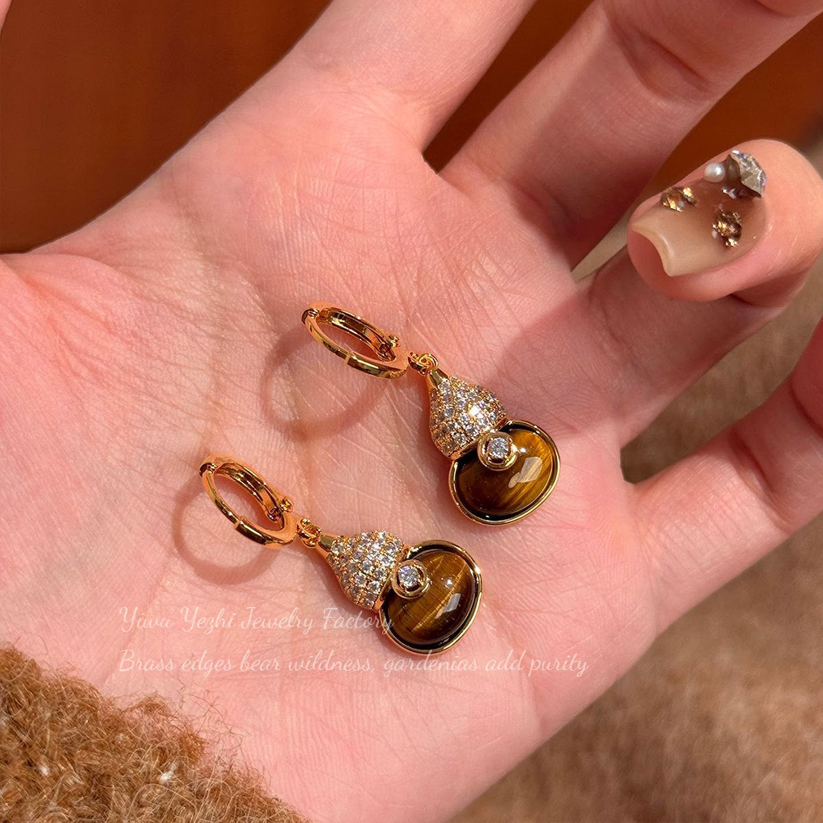 Korean Style Simple And Fashionable Tiger Eye Stone Gourd Earrings For Women, Gentle And Fairy-Like Temperament Earrings, Niche Design, High-End Earrings