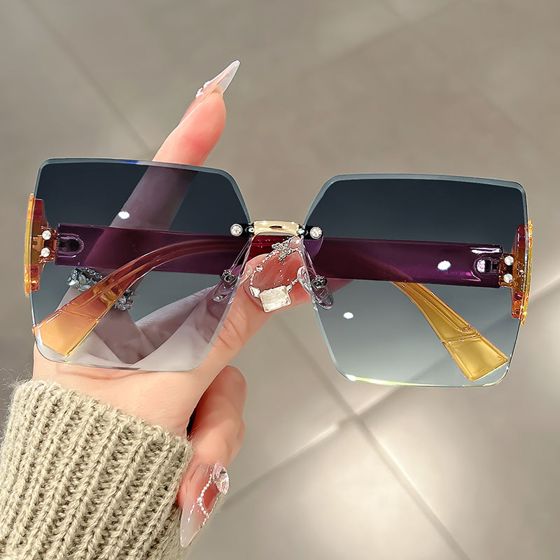 Women Rimless Oversized Square Sunglasses, Frameless Cut Edge Design Gradient Tinted Lenses, UV400 Protection Fashion Statement Eyewear, Lightweight Comfortable Sun Glasses Suitable For Beach Vacation