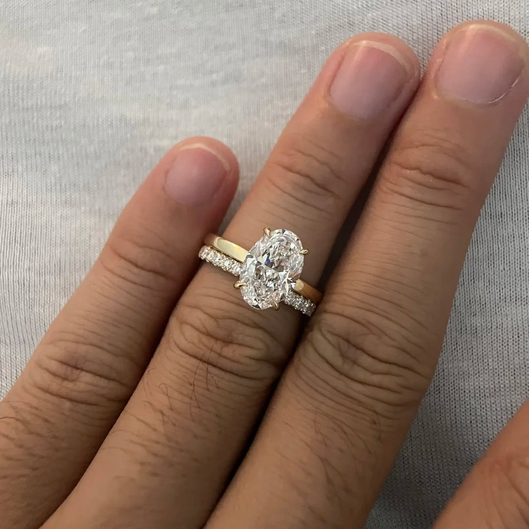 French Vintage Radiant Cut High Carbon Diamond Pigeon Egg Ring, Light Luxury Ice Flower Cut Stackable Ring Set, Women Engagement Finger Band