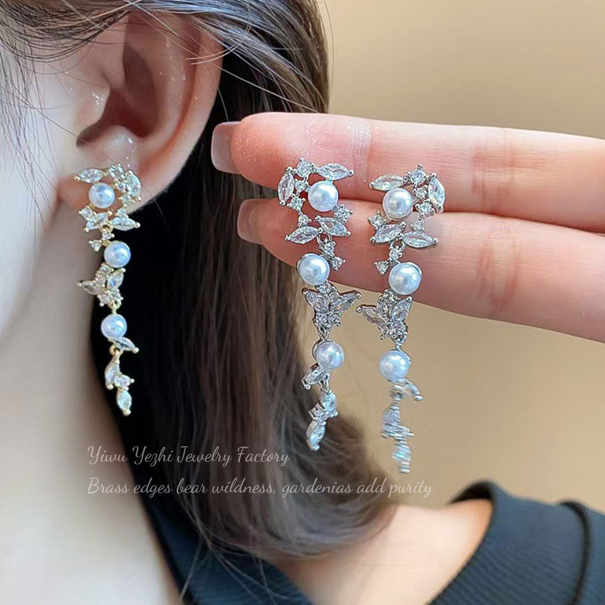 French Light Luxury Fashion High-End Super Shiny Micro-Inlaid Zircon Leaf Long Pearl Tassel Earrings Exquisite Ear Jewelry