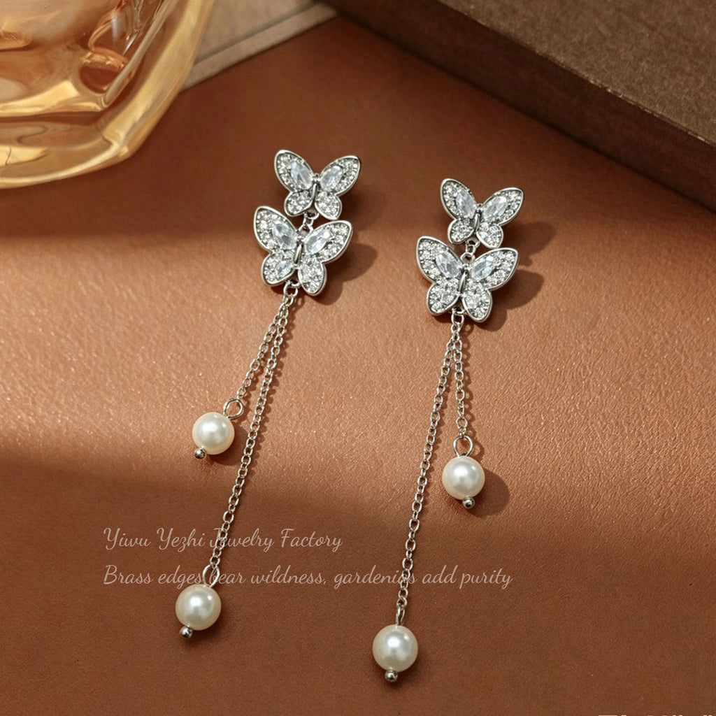 Korean-style Pearl Tassel Double Butterfly Earrings For Women, Unique Design, Niche Earrings, 2026 New Model, High-end Earrings