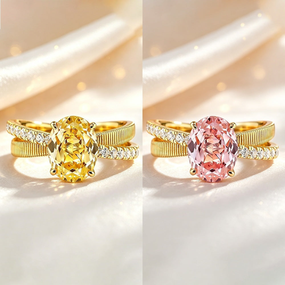 Women Italian Vintage Palace Style Oval Ring, Vertical Brushed Texture, Goose Yellow High Carbon  Flower Cut With Pink Accent , Gold Tone Statement Ring