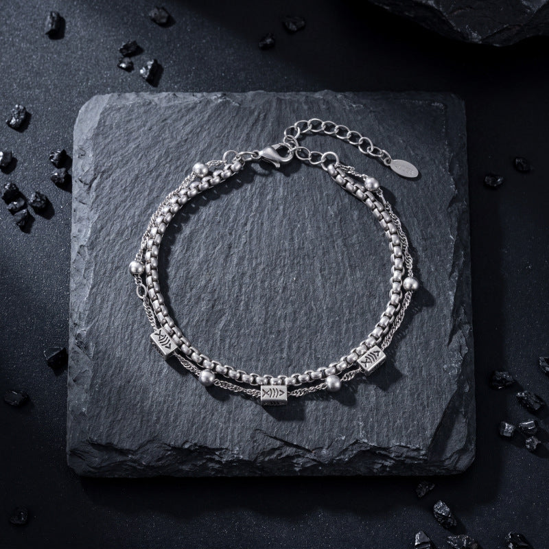 Fishbone Pattern Men Bracelet, Light Luxury High-End Double Layer Bangle For Women, Hip Hop Fashion Versatile Wrist Jewelry