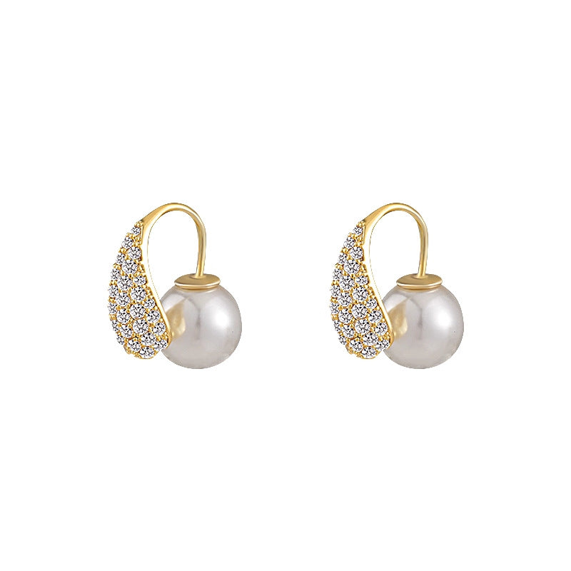 Real Gold Electroplated Micro-Inlaid Exquisite Zircon Small Bean Earrings For Women, Light Luxury Niche High-End Teardrop-Shaped Pearl Earrings