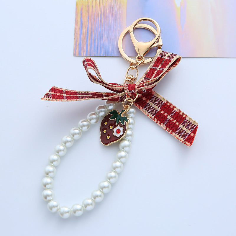 Woven Plaid Bow Strawberry Cherry Pearl Chain Keychain - Cute AirPods Case Pendant Bag Charm Accessory