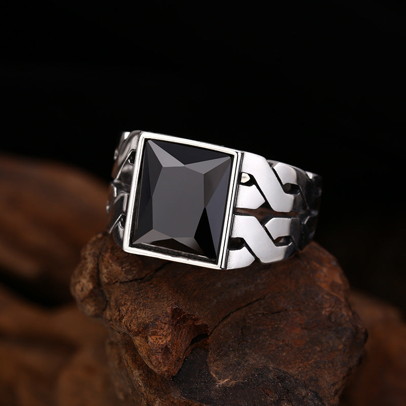 Crossed Ring Chain Style Black Zircon Ring Open-End Vintage Trendy Statement Jewelry