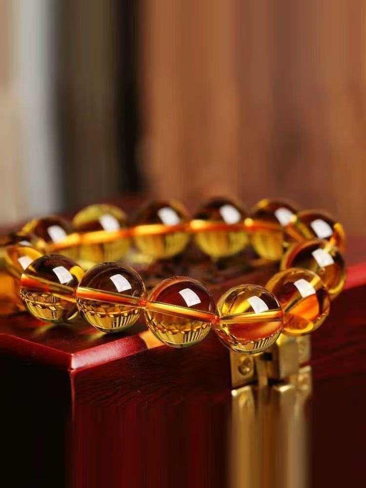 Natural Amber Bracelet Cognac Bead Round Chain Unisex Wealth Energy Jewelry