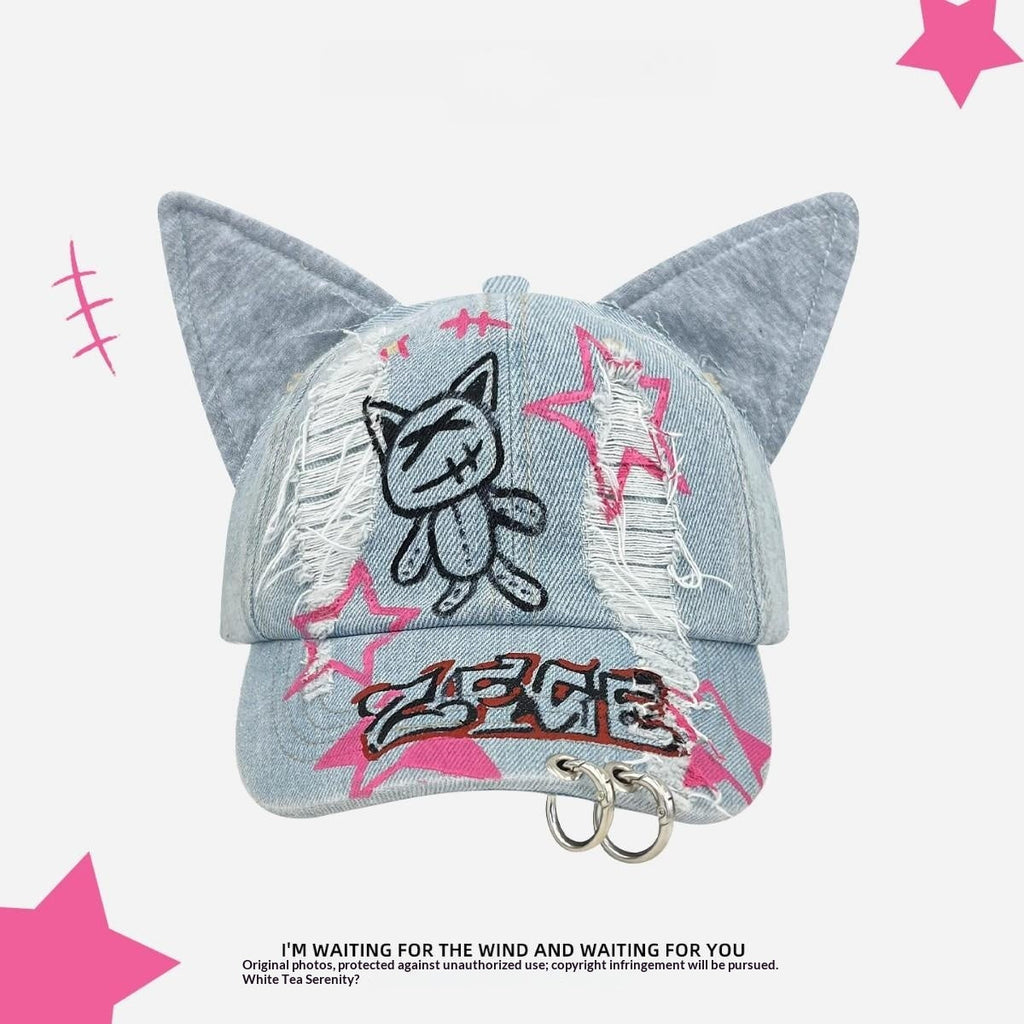 Dark-style Distressed Baseball Cap With Cat Ears Graffiti Streetwear