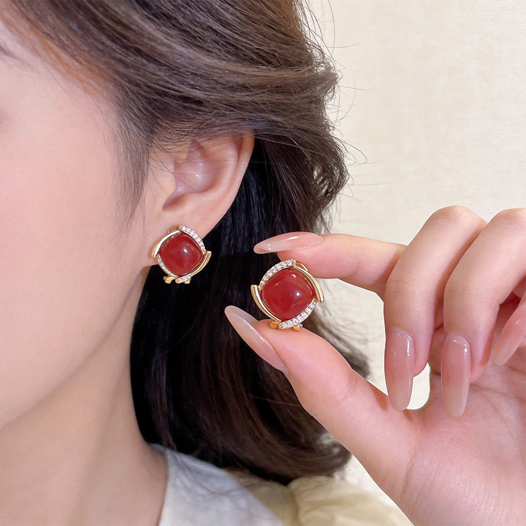 Popular New Year Red Fashion Square Stud Earrings, French Light Luxury Full-Diamond Earrings, Unique And Elegant Versatile Earrings For Women
