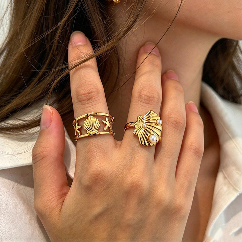 18K Gold Plated Titanium Steel Open Ring For Women, Ocean Style Shell Starfish  Pearl Ring, Unique Niche Design Stainless Steel Hand Jewelry