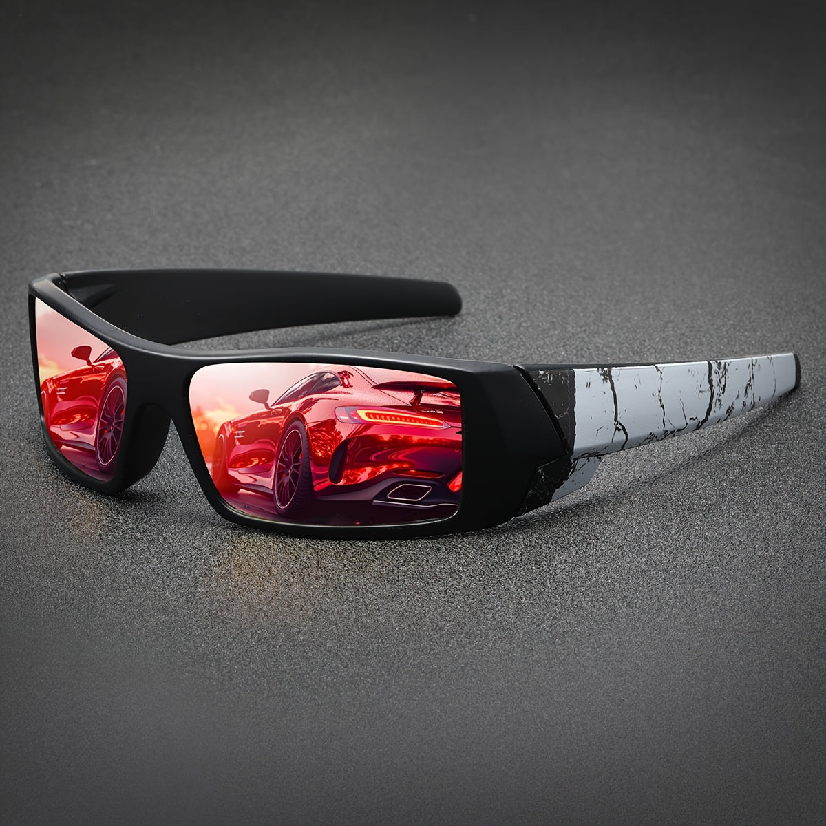 Wraparound Rectangular Sunglasses, Red Mirrored Lens Eyewear, Crack Printed Temple Suitable For Cycling, Fishing, Beach Travel And Daily Outdoor Activities.
