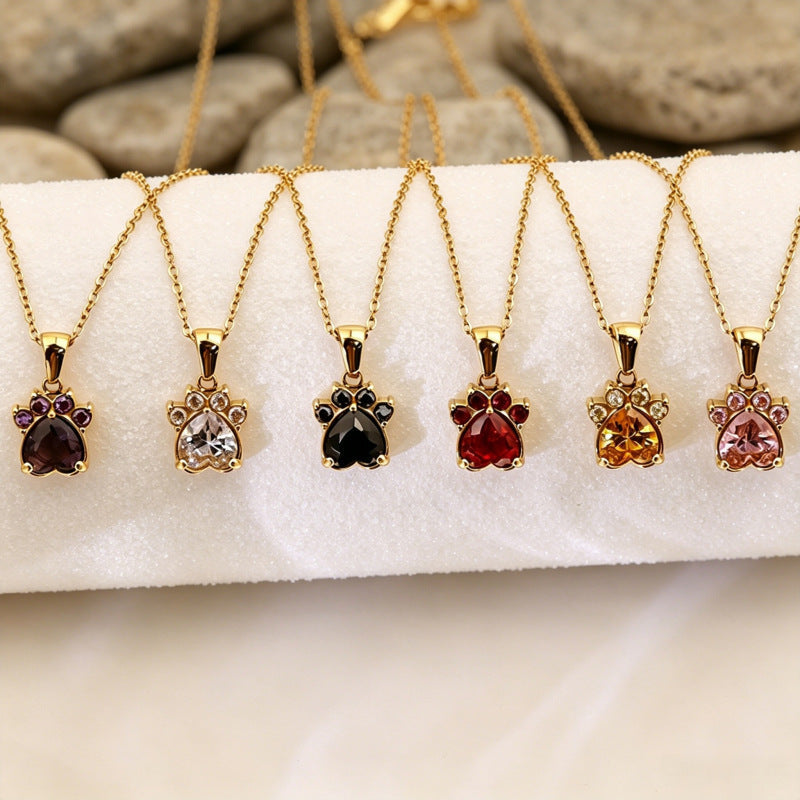 18K Gold-plated Cartoon Cat Claw Pendant Necklace With Colorful Heart-shaped Zircon Stones