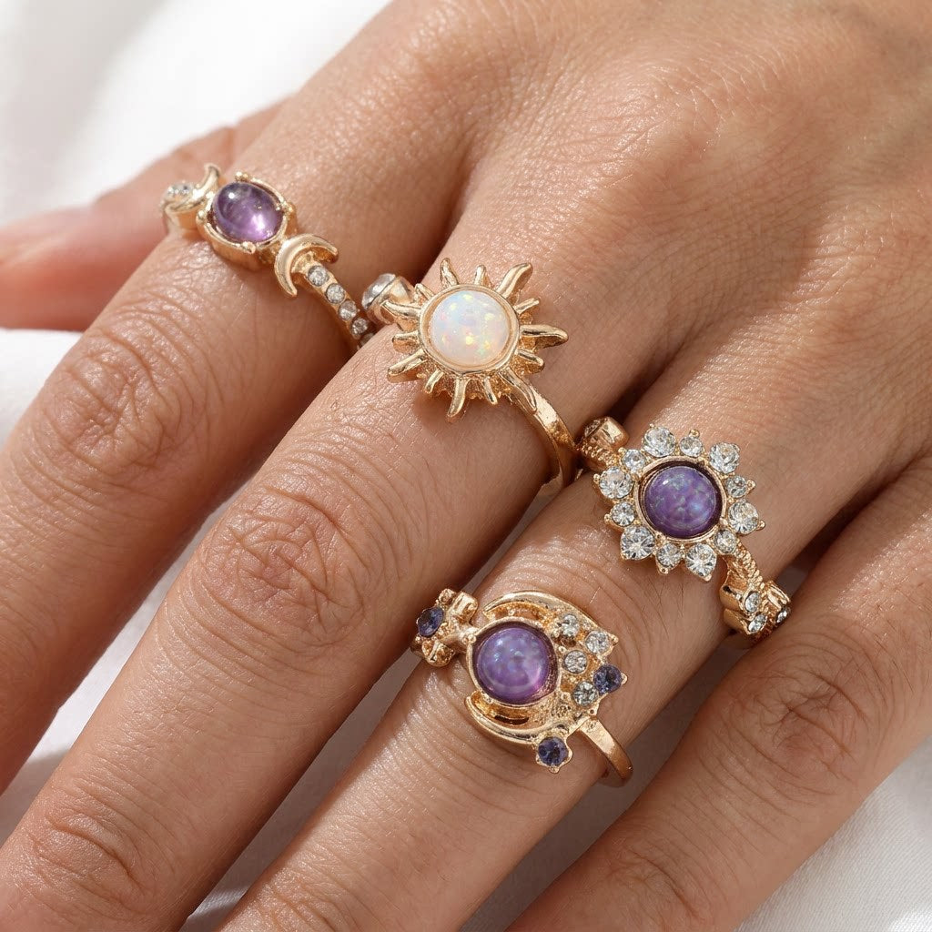 French-style, Retro, Mysterious, And Dreamy Purple Sun And Moon Ring Set, Exuding An Elegant, Luxurious, And High-end Vibe