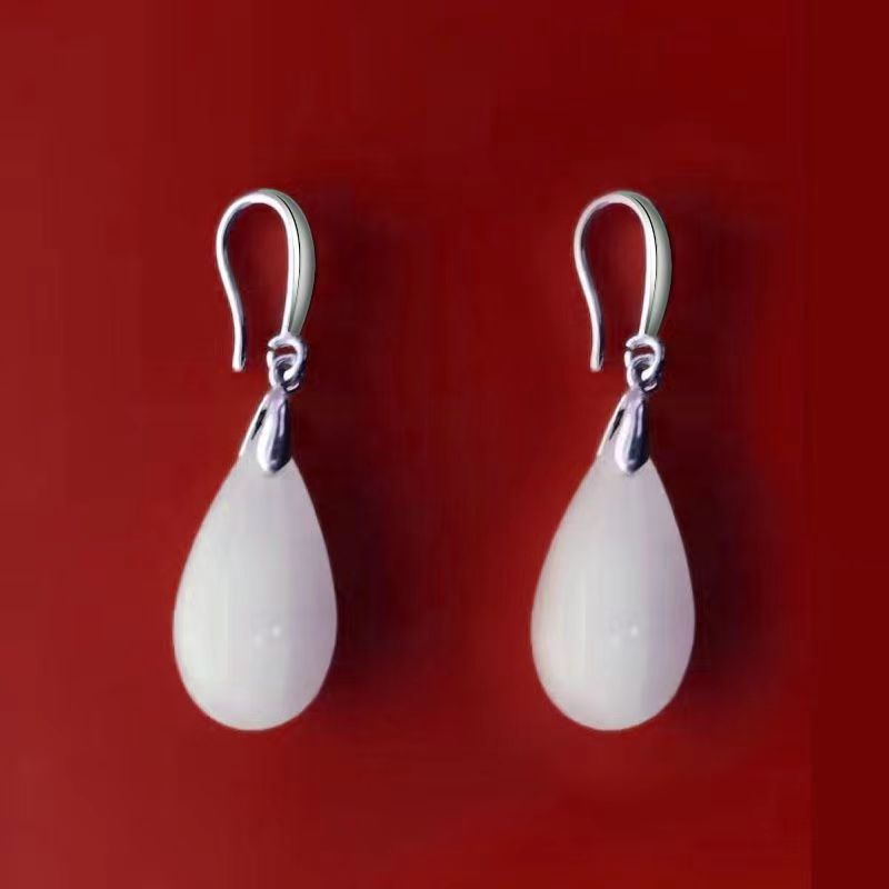 Sterling Silver And White Jade Ear Hooks Fashionable Silver Earrings