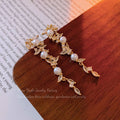 French Light Luxury Fashion High-End Super Shiny Micro-Inlaid Zircon Leaf Long Pearl Tassel Earrings Exquisite Ear Jewelry