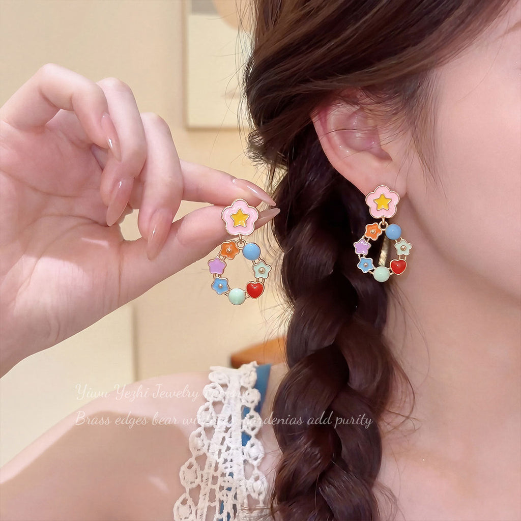 Korean-style Colorful Floral Spring-summer Earrings For Girls, Cute And Versatile, Sweet Hoop Earrings With Stars And Geometric Designs, Exquisite New Earrings