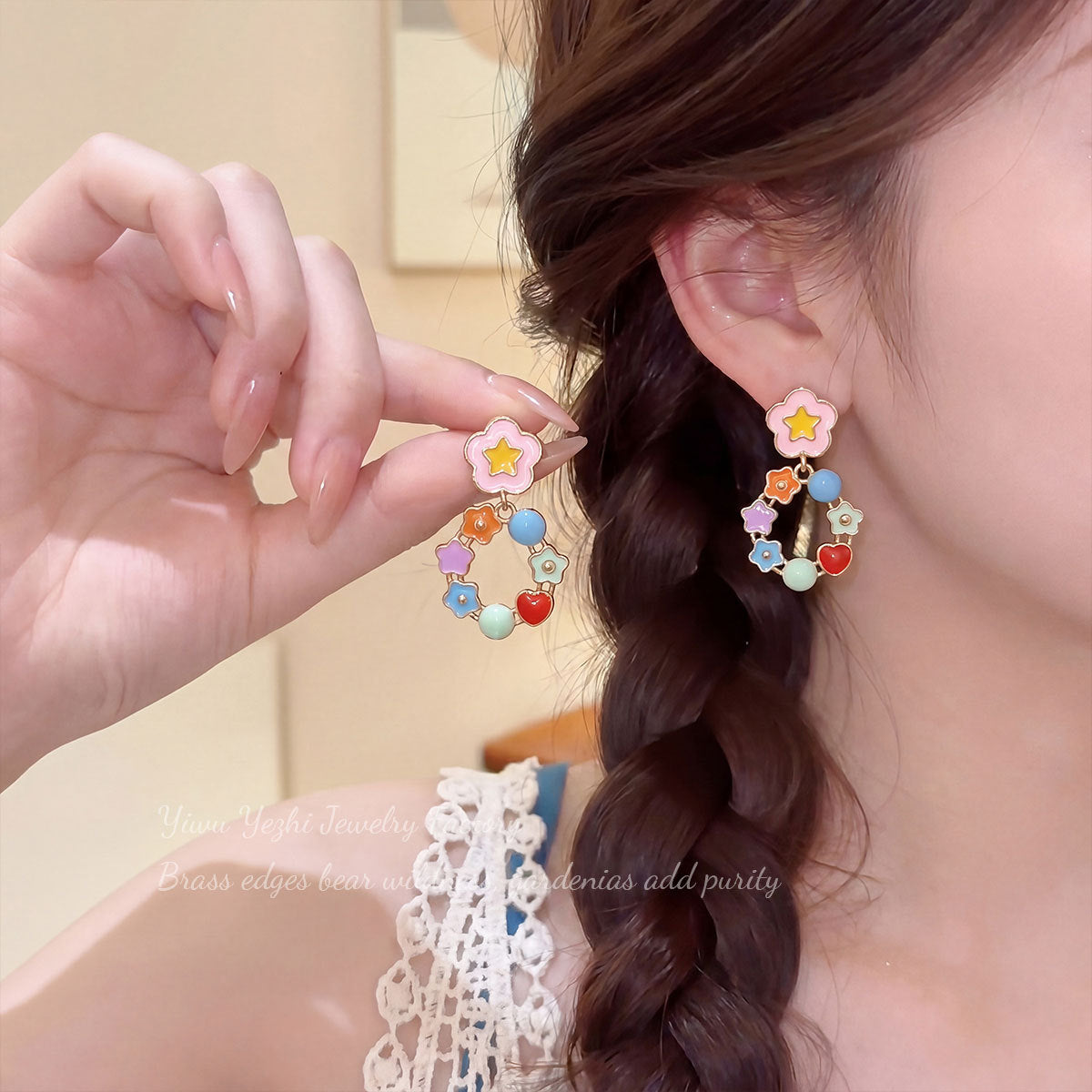 Korean-style Colorful Floral Spring-summer Earrings For Girls, Cute And Versatile, Sweet Hoop Earrings With Stars And Geometric Designs, Exquisite New Earrings