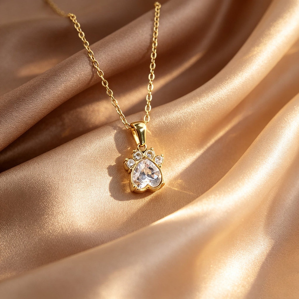 18K Gold-plated Cartoon Cat Claw Pendant Necklace With Colorful Heart-shaped Zircon Stones