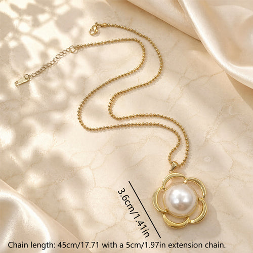18K Gold Plated Stainless Steel Flower Pearl Pendant Necklace For Women, Hollow Floral Faux Pearl Beaded Chain Necklace, Elegant Wedding Party Statement Jewelry Gift