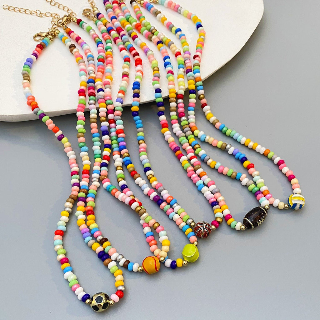 Rugby Pendant Colorful Bead Choker Necklace