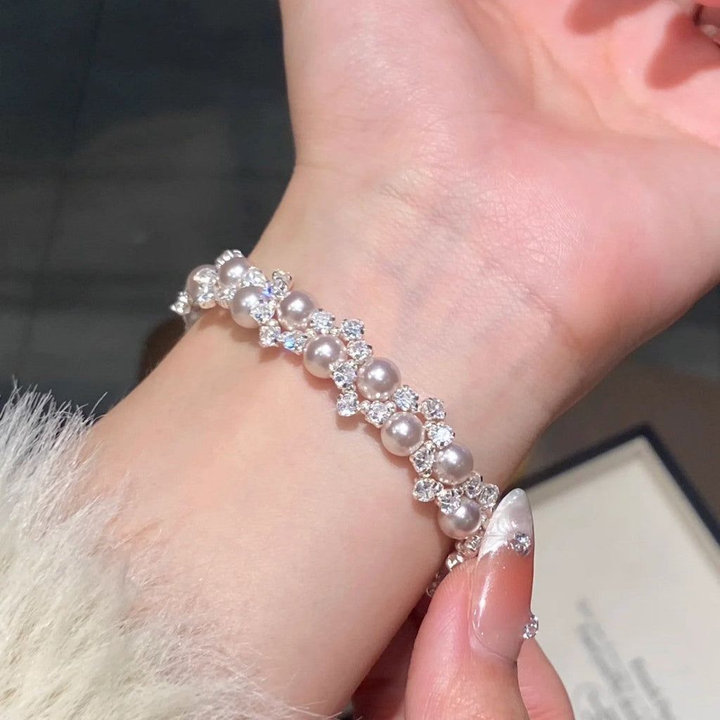 Women's French-Inspired Sparkling Rhinestone Pearl Bracelet Affordable Luxury Cubic Zirconia Beaded Bracelet, Exquisite Jewelry