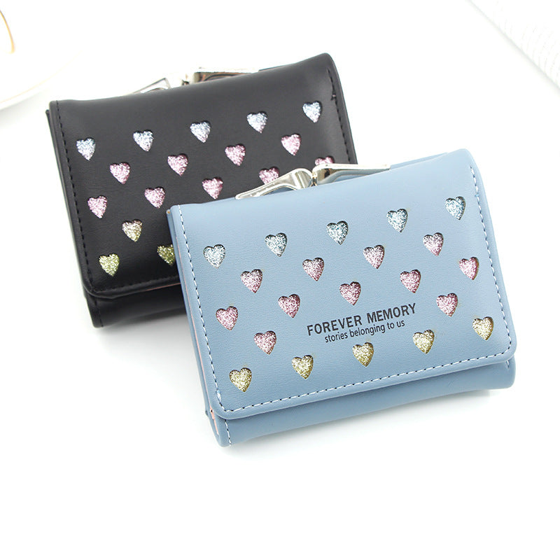 Womens Three-Fold Wallet With Hollowed-Out Heart Design