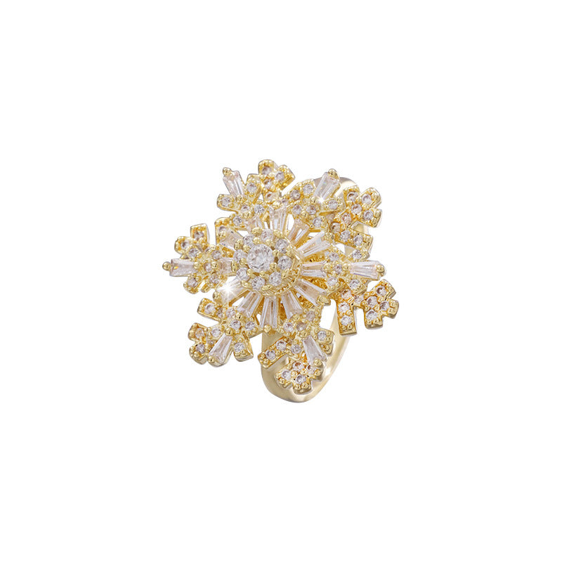 Korean Style Fashion New Snowflake Double-layer Rotatable Open Ring Female Ins Style Texture Adjustable Ring Fashion