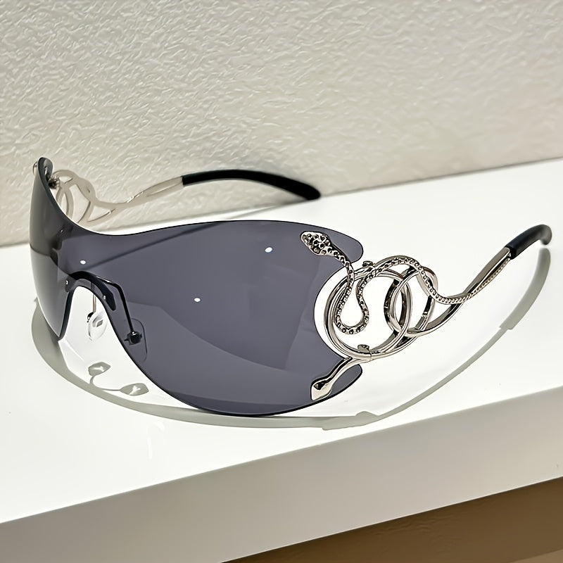 Women Rimless One Piece Shield Sunglasses Uv400 Protective Gradient Lens Eyewear Luxury Metal Snake Ornament Design Lightweight Frame Suitable For Beach Travel Parties And Daily Fashion Outfit Matchin