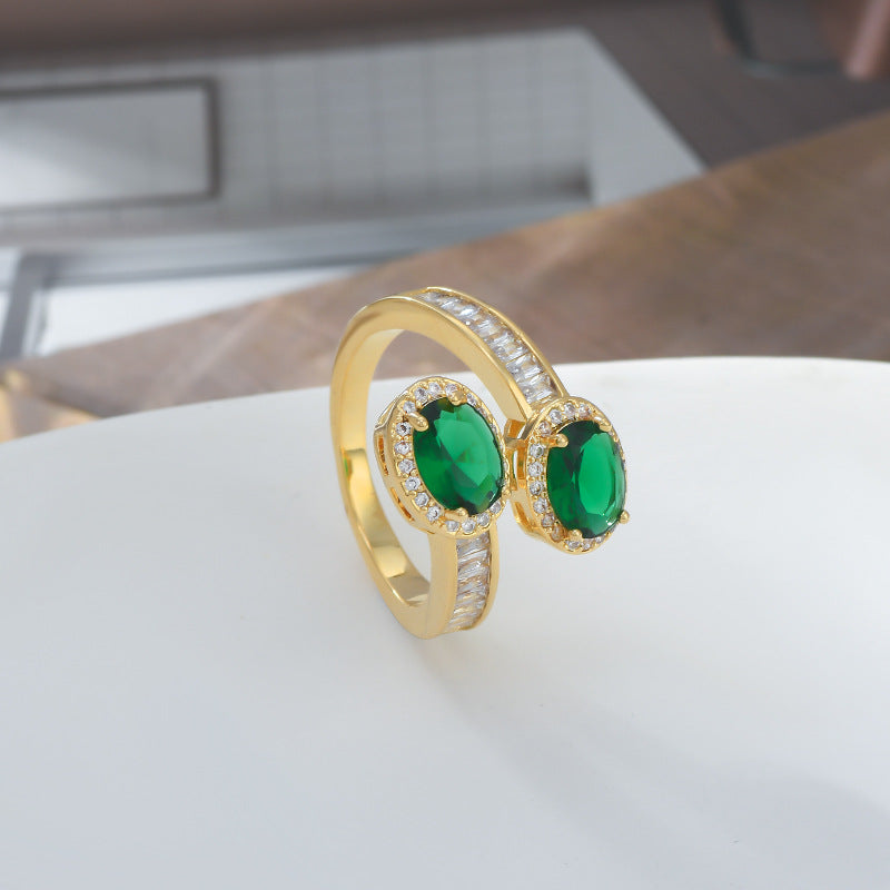 2023 New Zircon-inlaid Elegant Open Ring Female High-grade Emerald Cube Sugar Ring Personalized Index Finger Ring