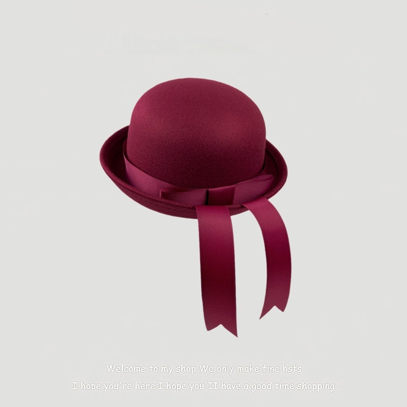 Woolen Preppy-style Hat With A Bow And Ribbon