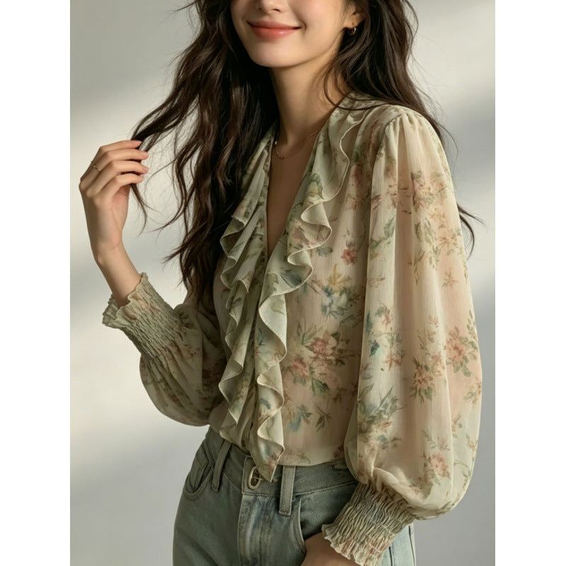 Early Autumn New Womens Ruffle-Trim V-Neck Printed Top