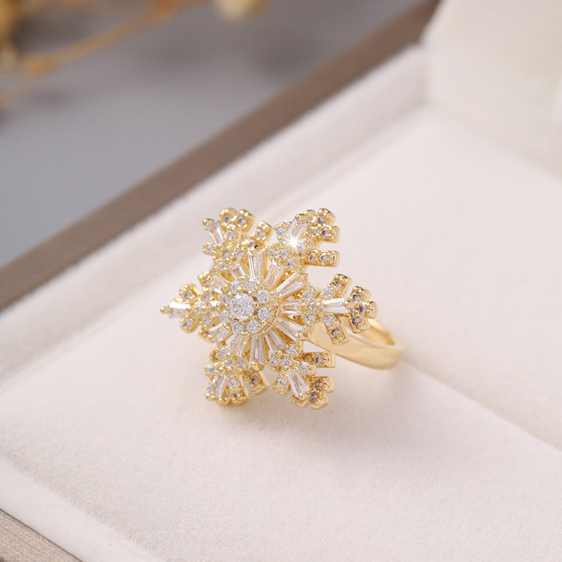 Korean Style Fashion New Snowflake Double-layer Rotatable Open Ring Female Ins Style Texture Adjustable Ring Fashion