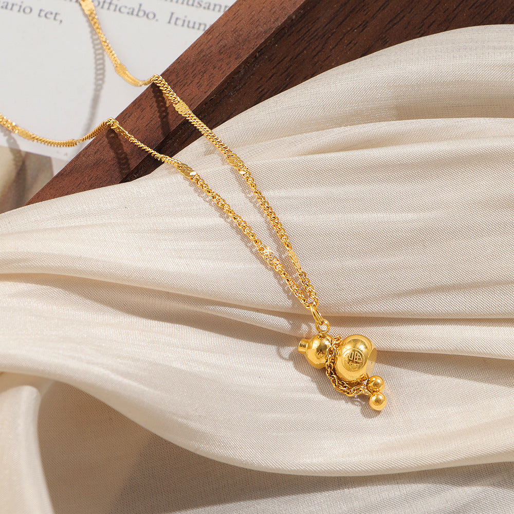 New Chinese Style Gourd Tassel Necklace For Women, Titanium Steel, Non-Fading, Accessible Luxury, High-End Clavicle Chain, 18K Gold Plated Pendant Necklace