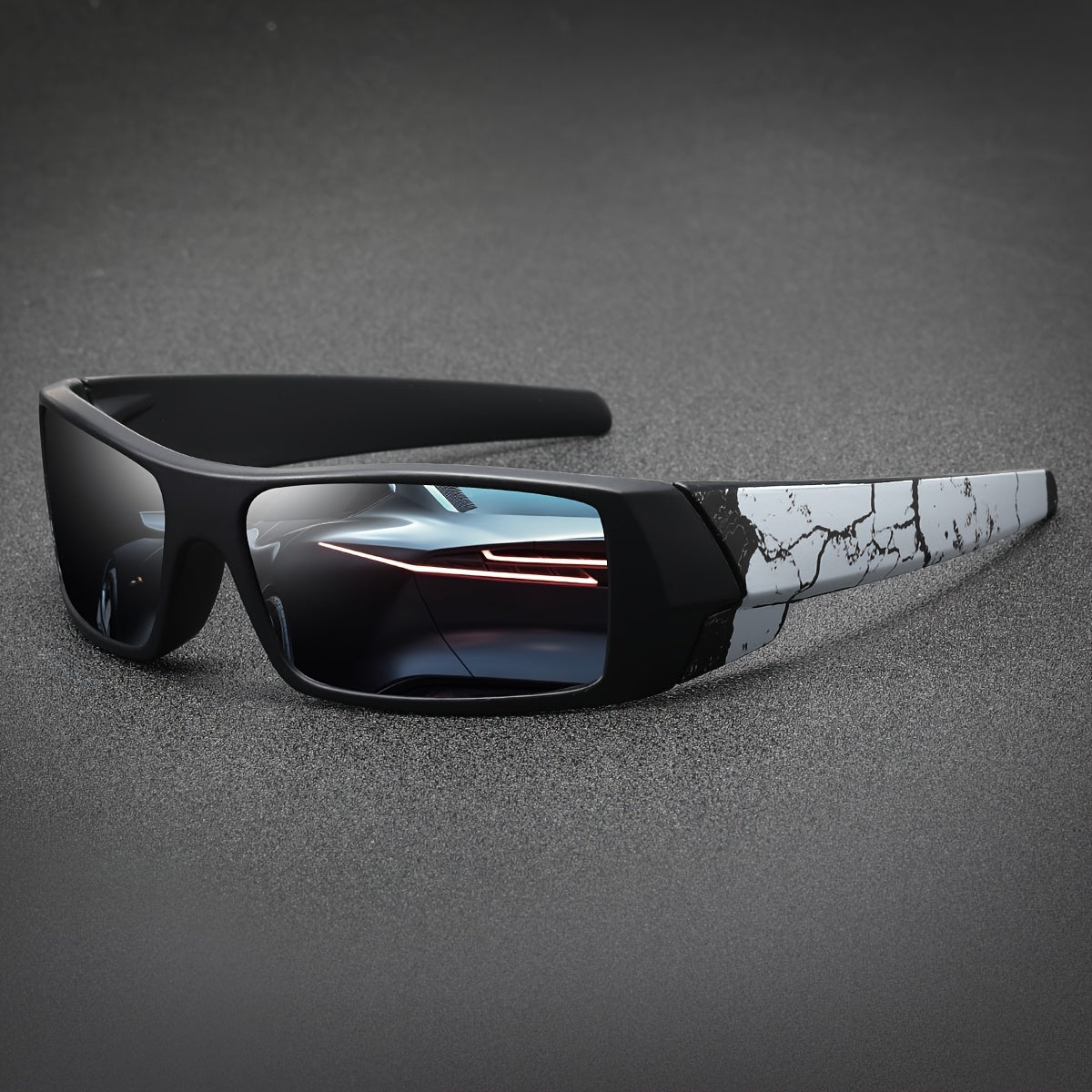 Wraparound Rectangular Sunglasses, Red Mirrored Lens Eyewear, Crack Printed Temple Suitable For Cycling, Fishing, Beach Travel And Daily Outdoor Activities.