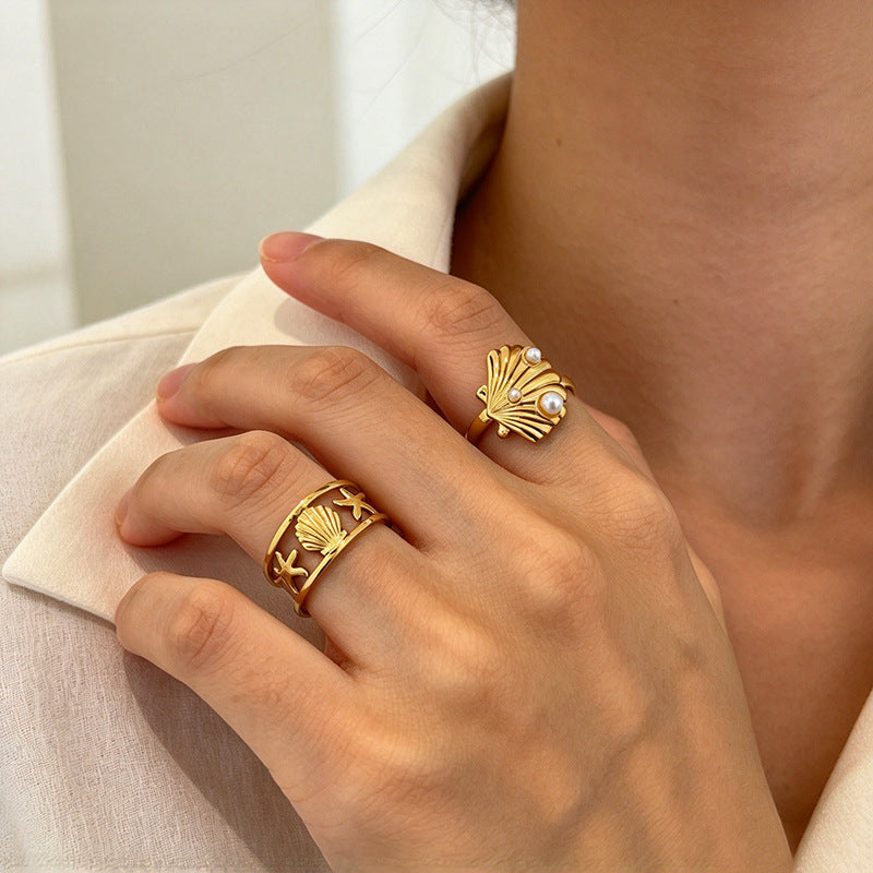18K Gold Plated Titanium Steel Open Ring For Women, Ocean Style Shell Starfish  Pearl Ring, Unique Niche Design Stainless Steel Hand Jewelry