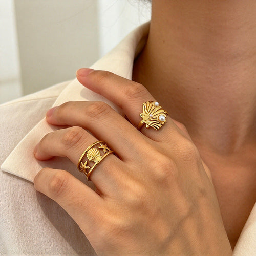 18K Gold Plated Titanium Steel Open Ring For Women, Ocean Style Shell Starfish  Pearl Ring, Unique Niche Design Stainless Steel Hand Jewelry
