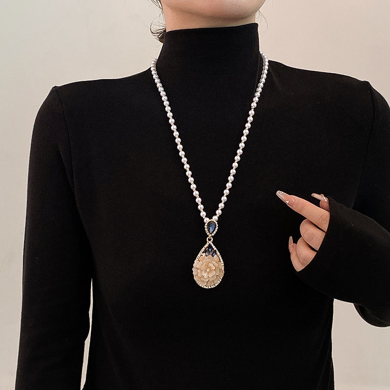 Korean Style Versatile Fashion Flower Sweater Chain Autumn And Winter Accessories Long Necklace Women's High-End Cat's Eye Pendant Camellia
